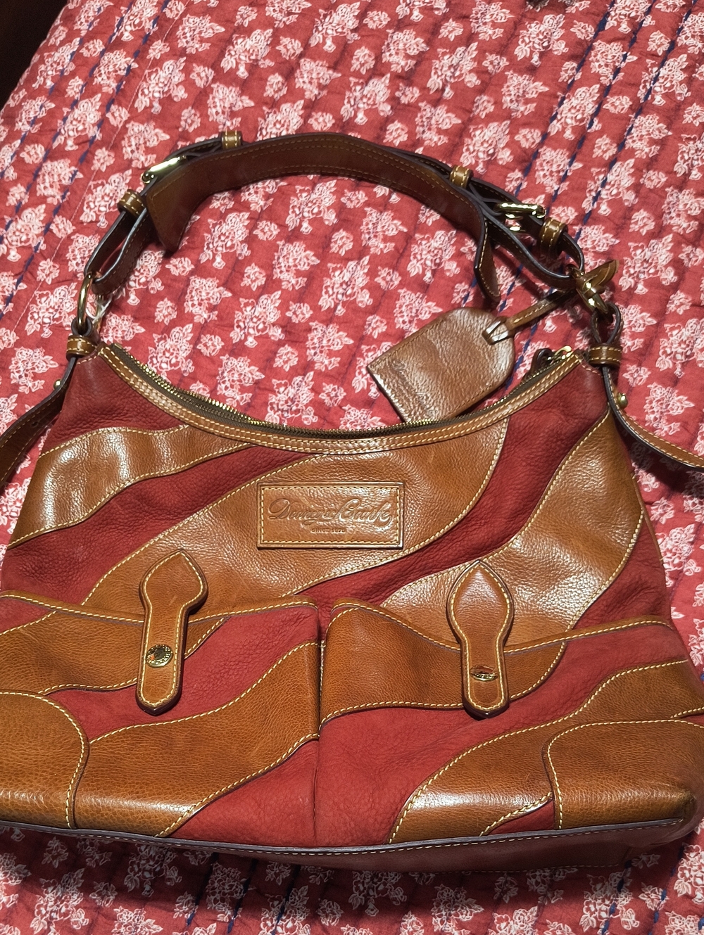Dooney & Bourke Brown and Dark Red Patchwork Leather Shoulder Bag